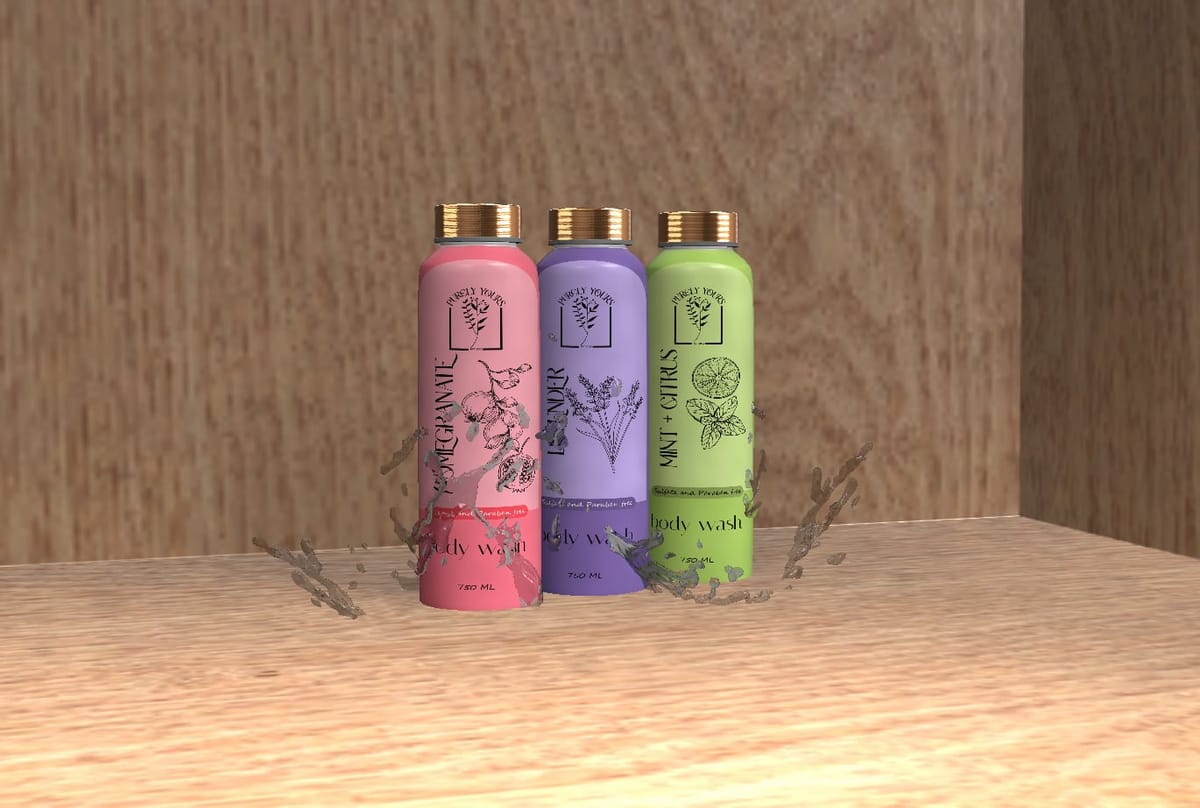 Purely Yours body wash bottles styled on wood, water droplets on the labels.