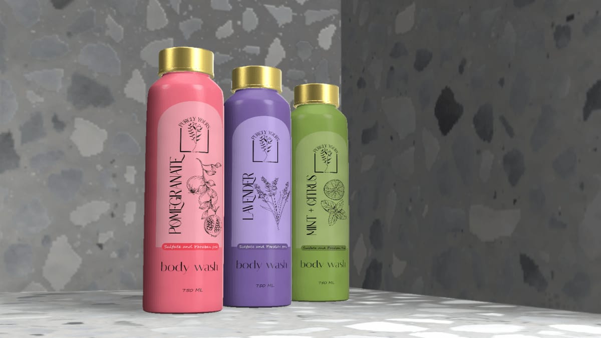 The full Purely Yours collection — pomegranate, lavender and mint + citrus bottles, rendered together.