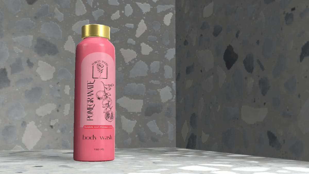Purely Yours pomegranate body wash bottle, rendered on a terrazzo surface.