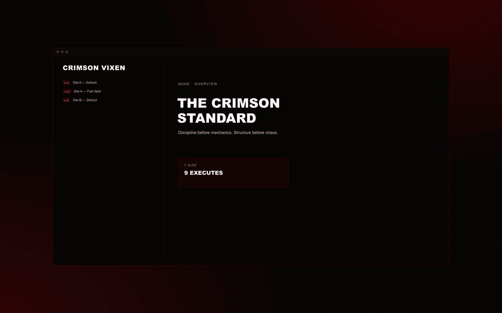 Crimson Vixen playbook website, floating browser window on a dark tactical background.