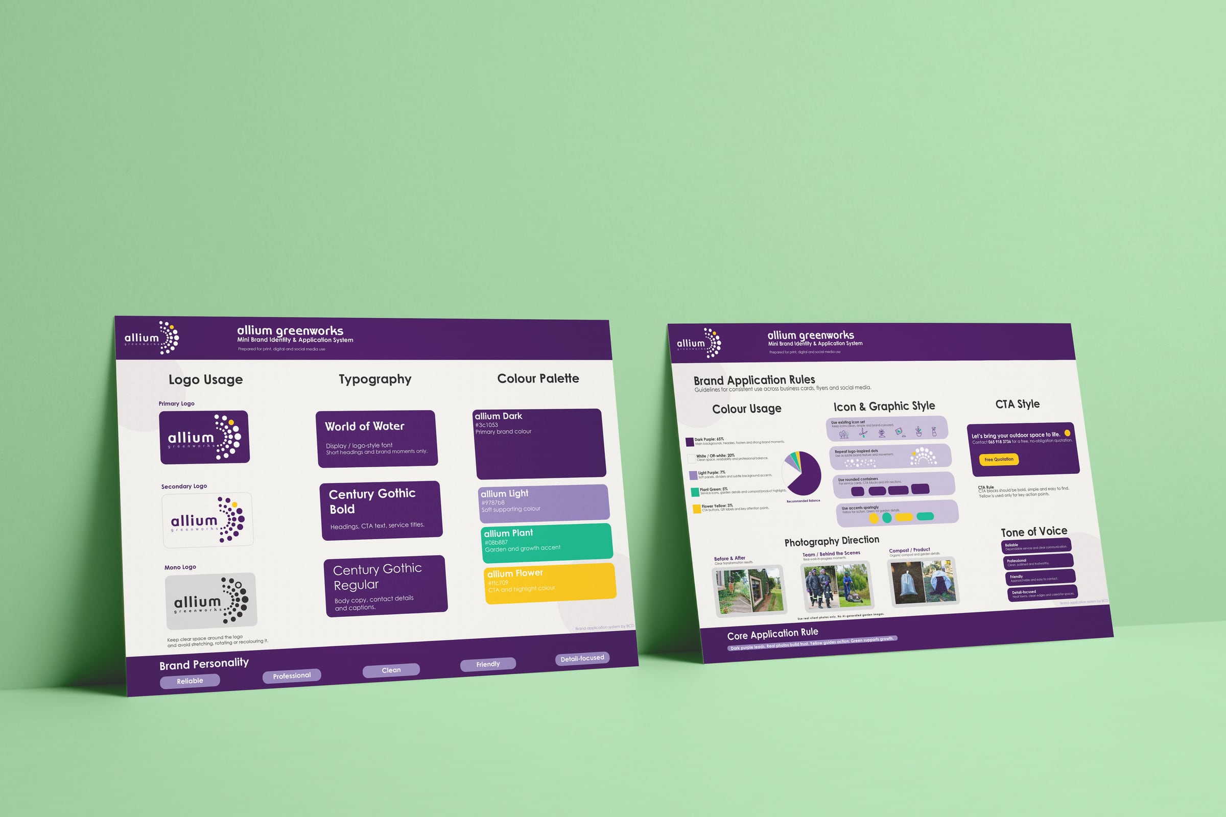 Allium Greenworks brand identity presentation.