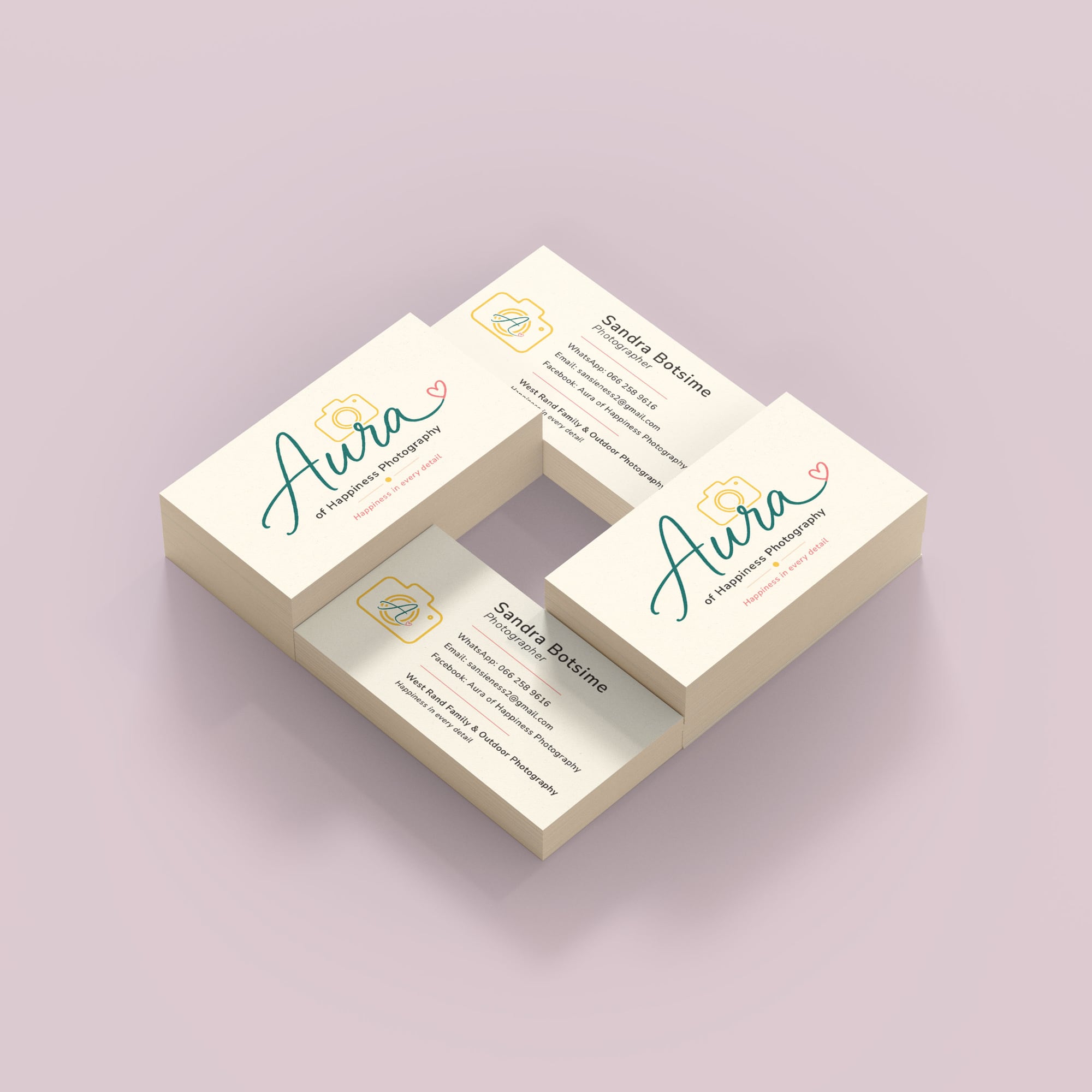 Aura of Happiness Photography business card mockup.