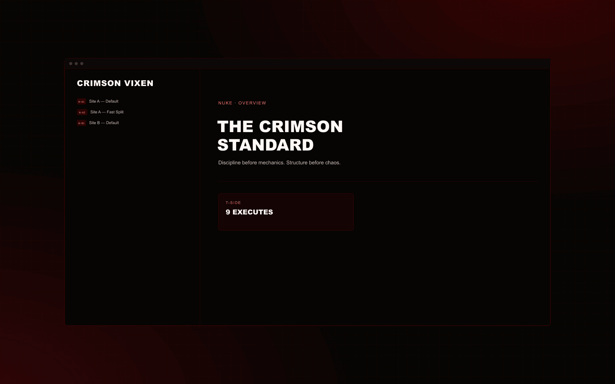 Crimson Vixen playbook website, floating browser window on a dark tactical background.