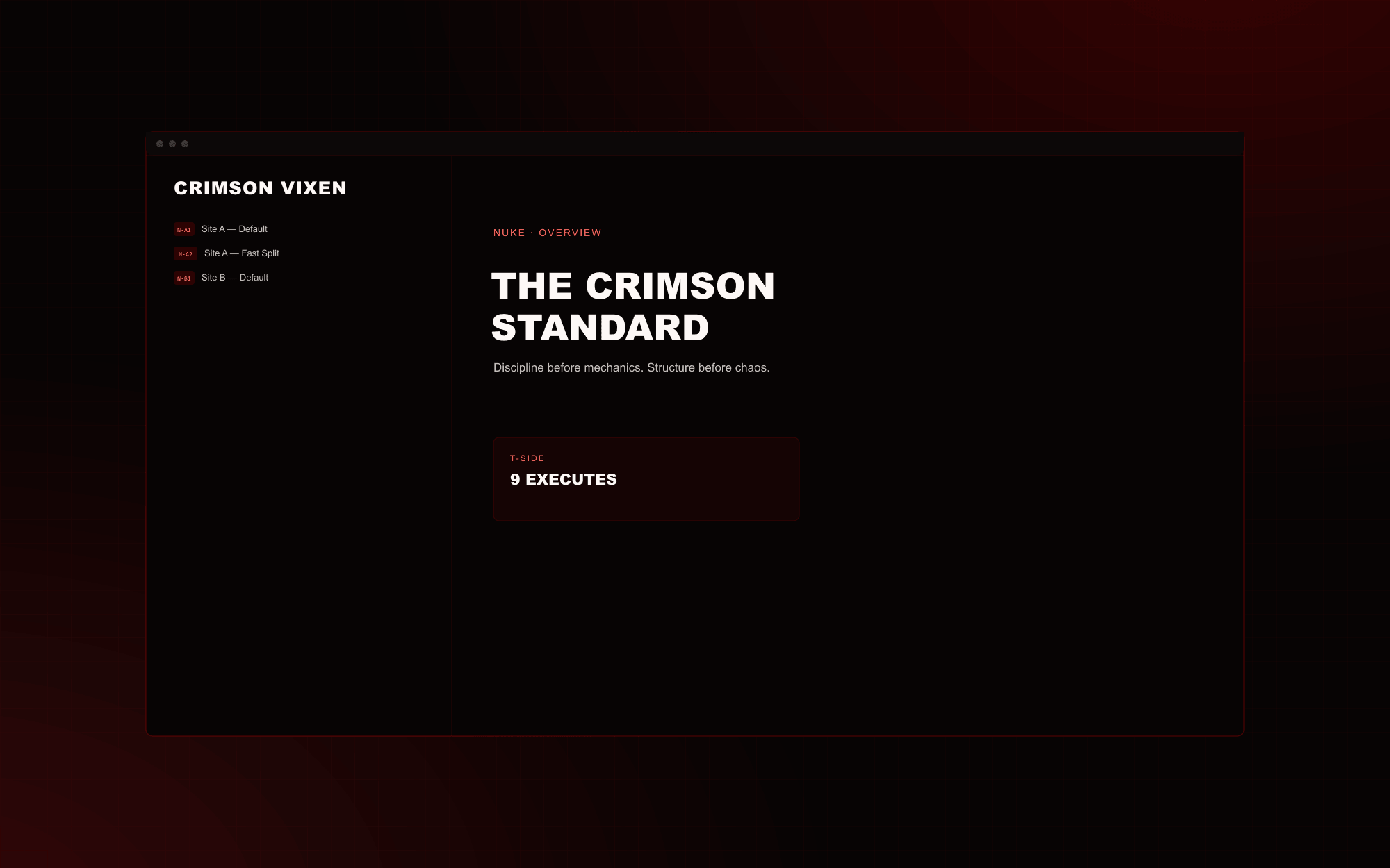 Crimson Vixen playbook website, floating browser window on a dark tactical background.