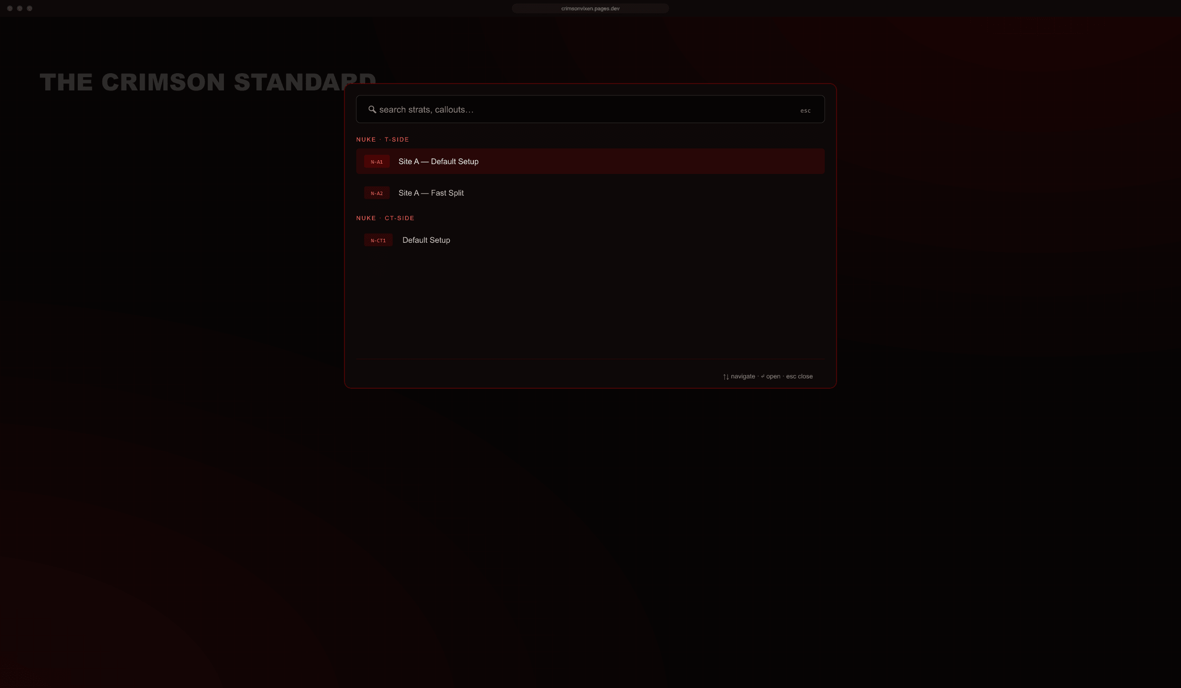 Crimson Vixen playbook website, full-screen view of the search command palette open over the interface.