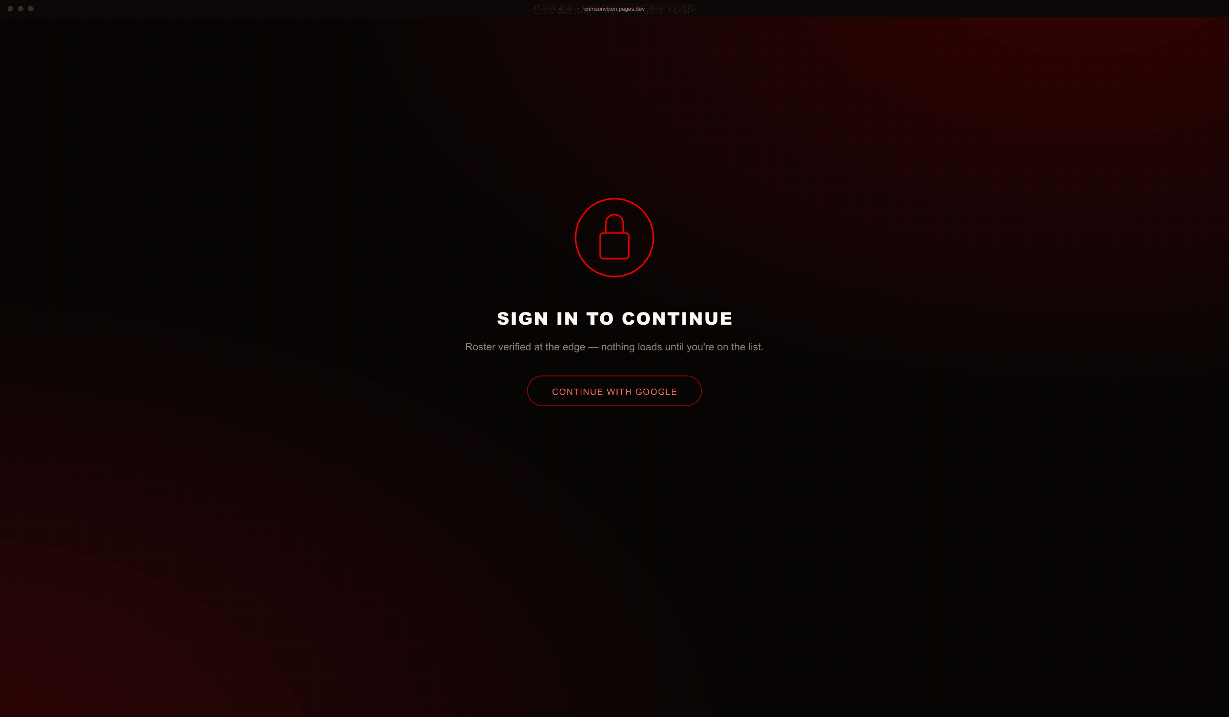 Crimson Vixen sign-in gate, full-screen browser view — roster verified at the edge before anything loads.