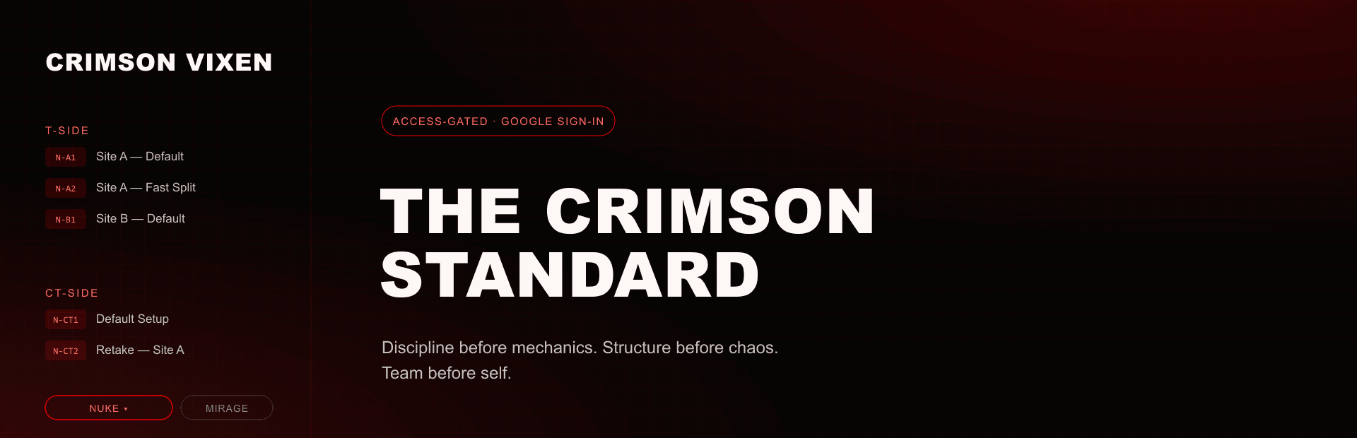 Crimson Vixen playbook website, sidebar navigation and homepage.
