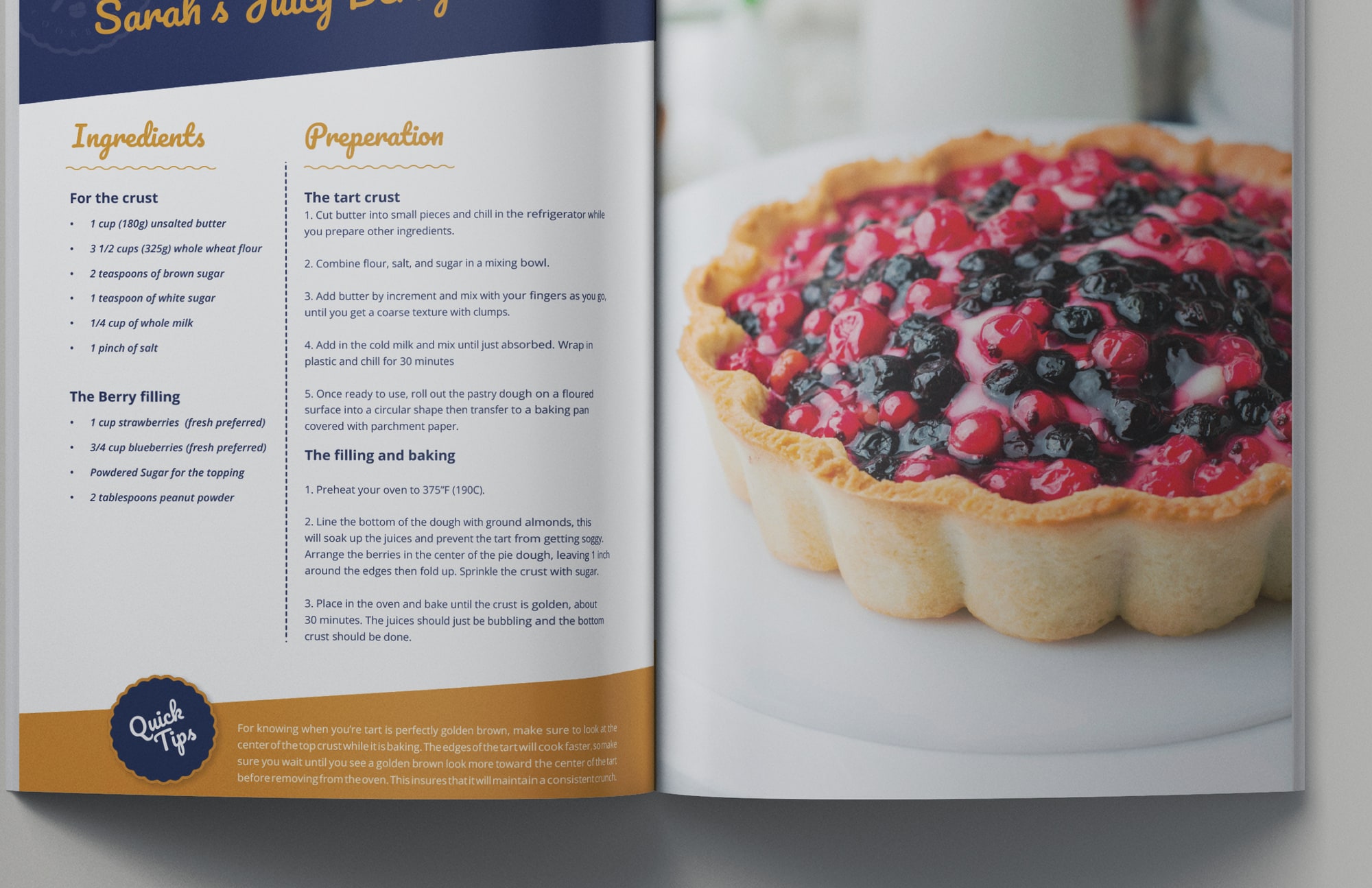 Dessert First cookbook, close detail of a recipe spread — ingredients, method, and full-page food photography.