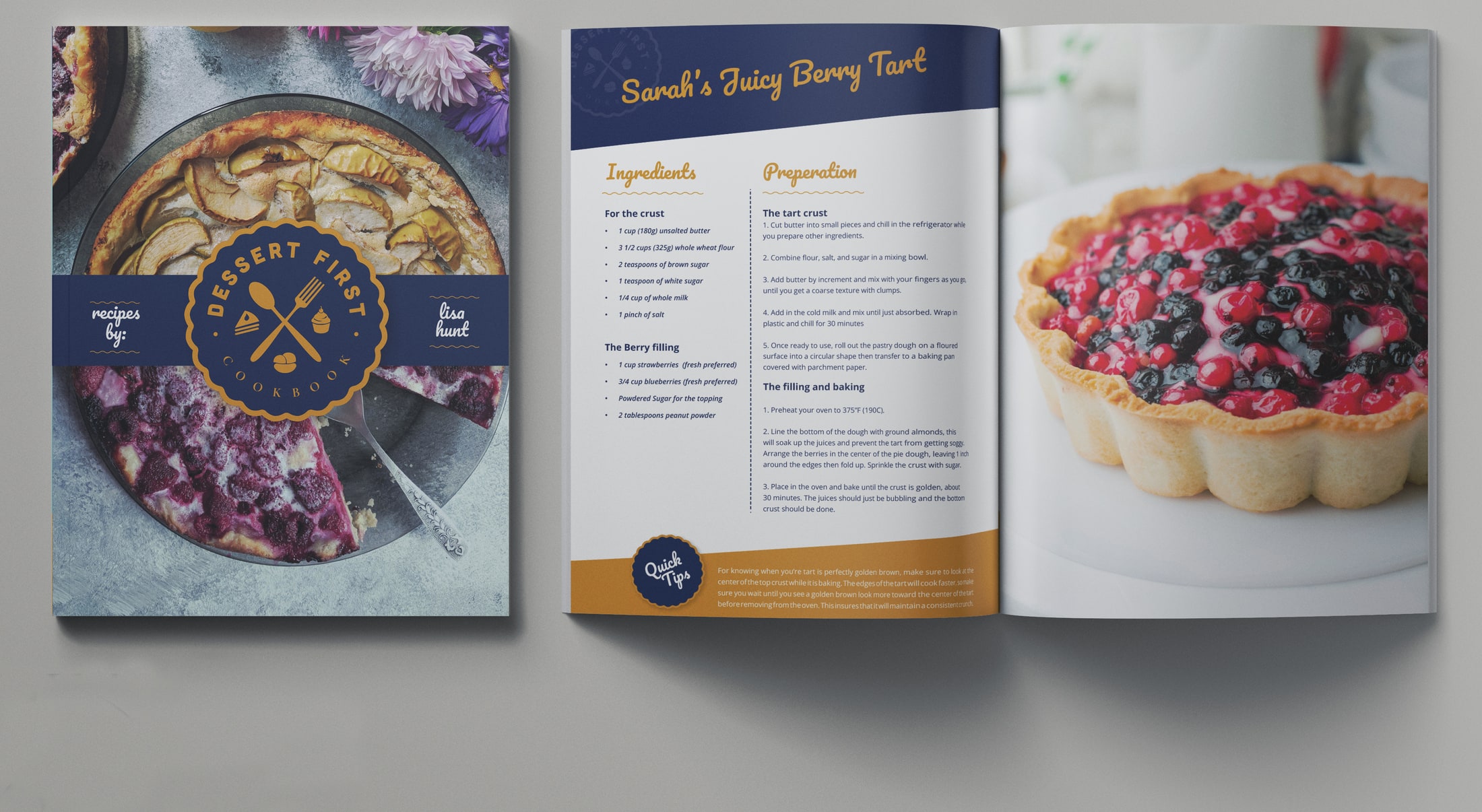 Dessert First cookbook cover and an open recipe spread.