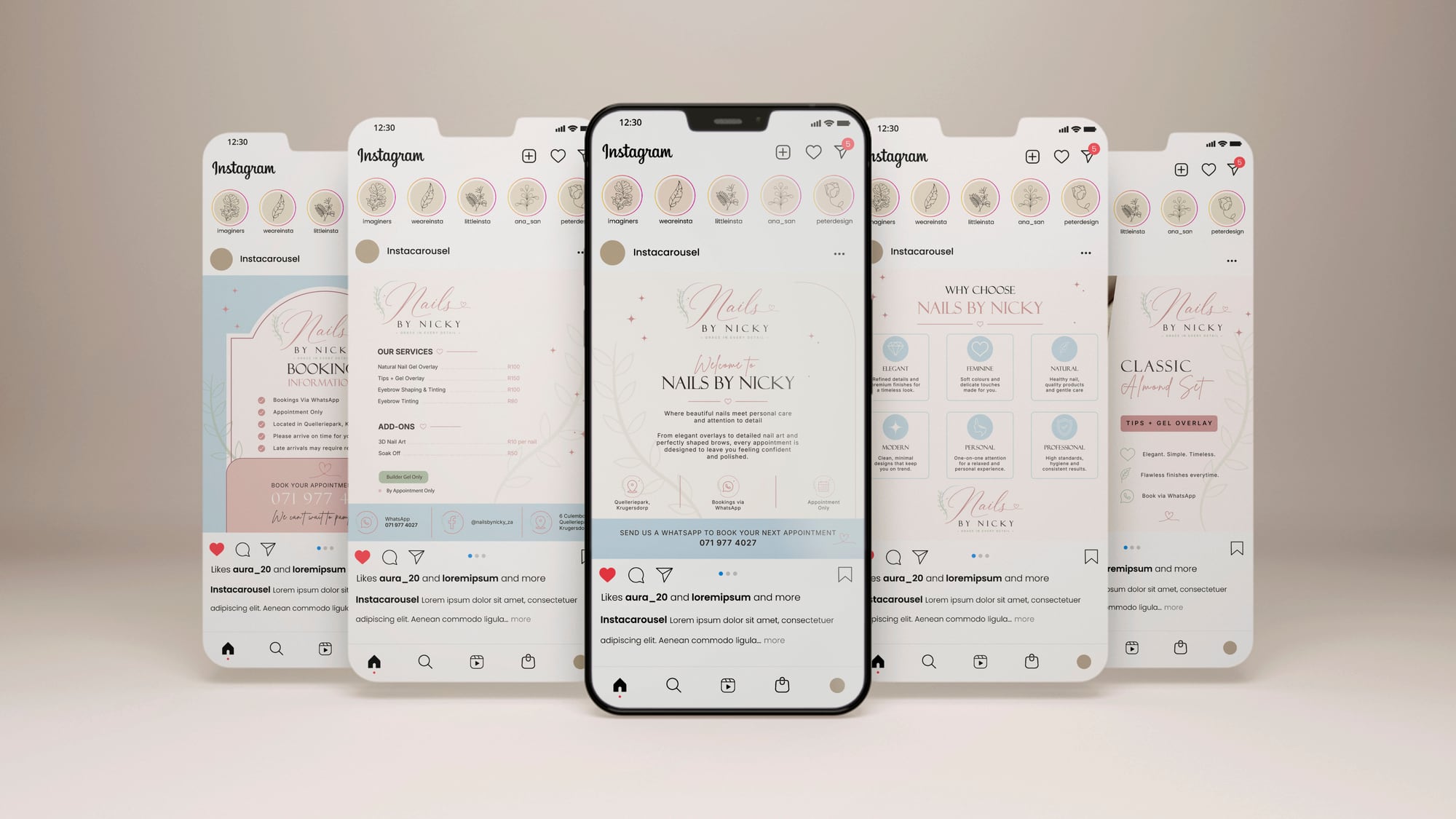 Nails by Nicky Instagram grid, phone mockups.