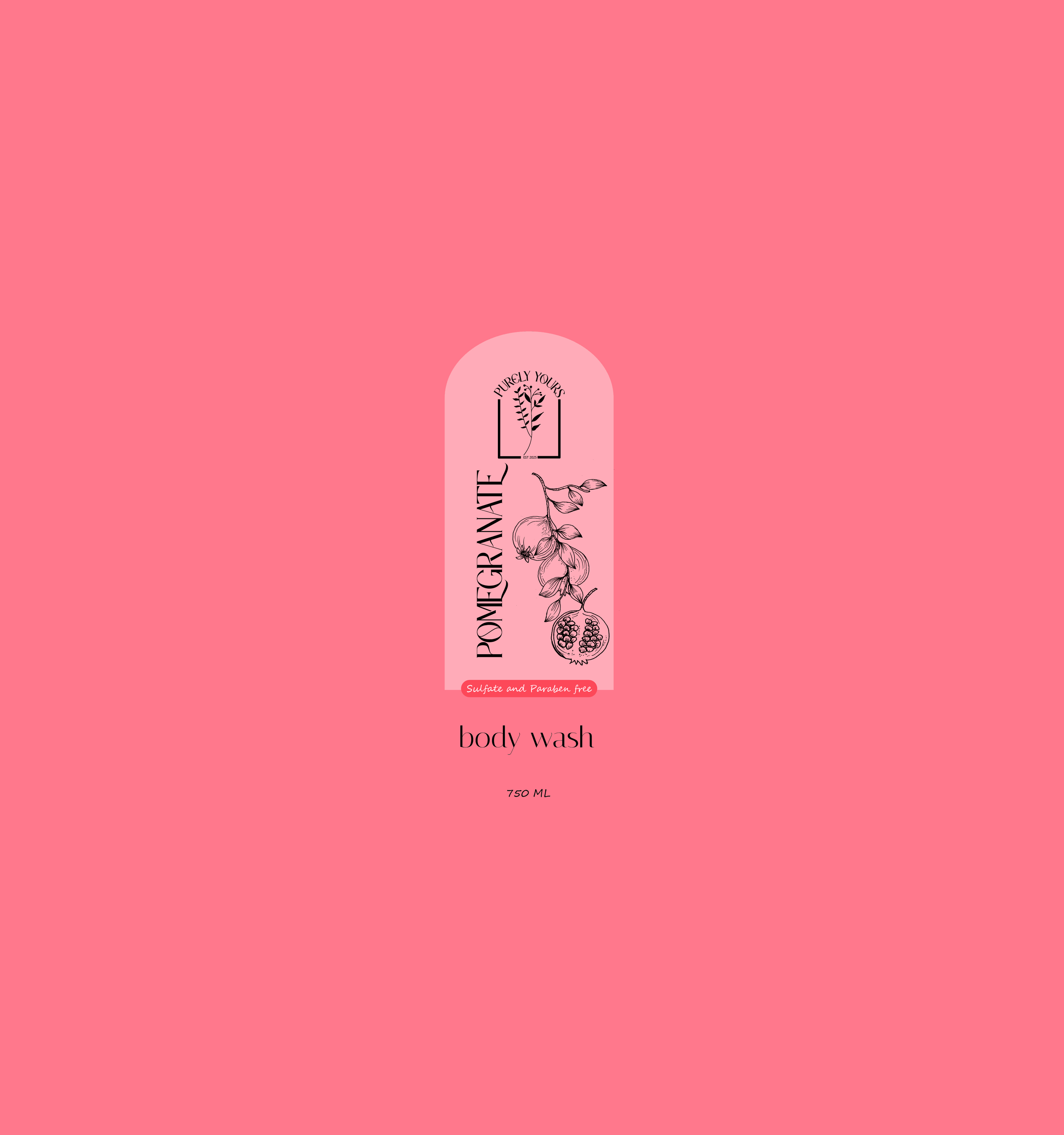Purely Yours pomegranate body wash label.