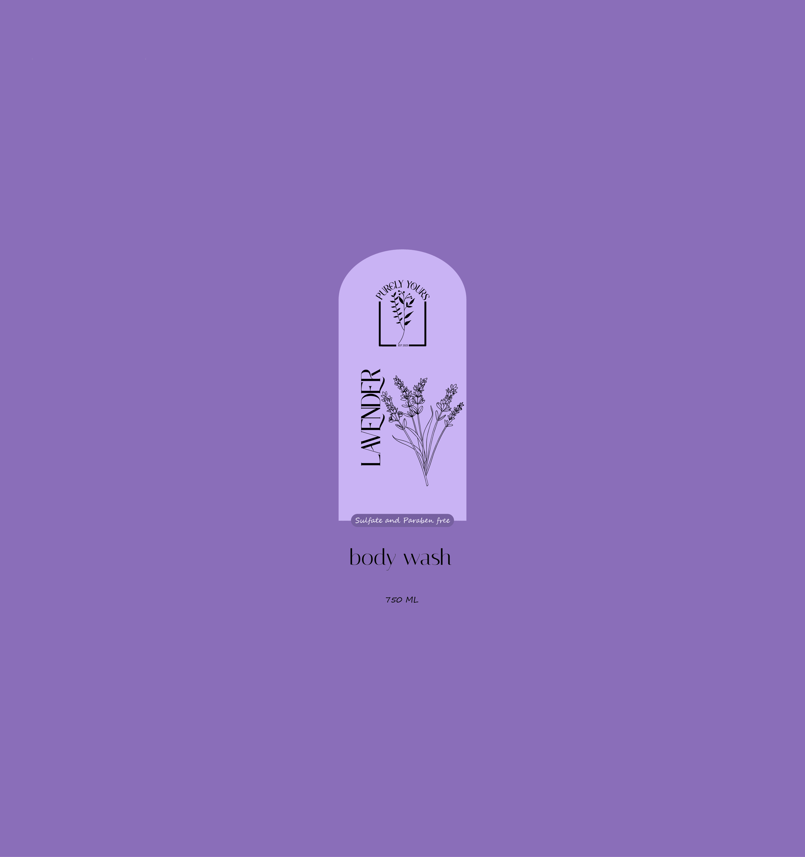 Purely Yours lavender body wash label.