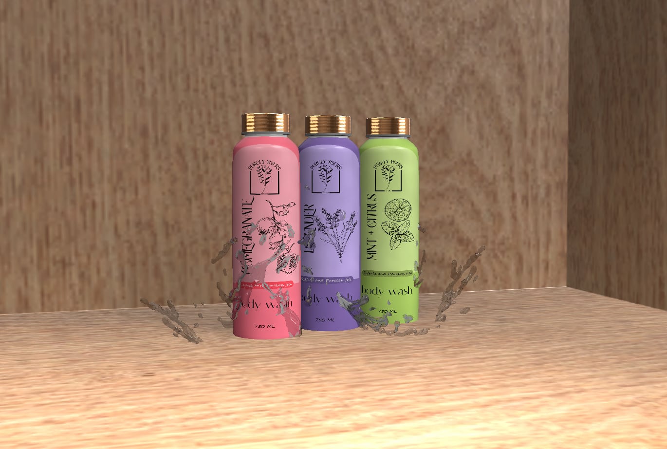 Purely Yours body wash bottles styled on wood, water droplets on the labels.