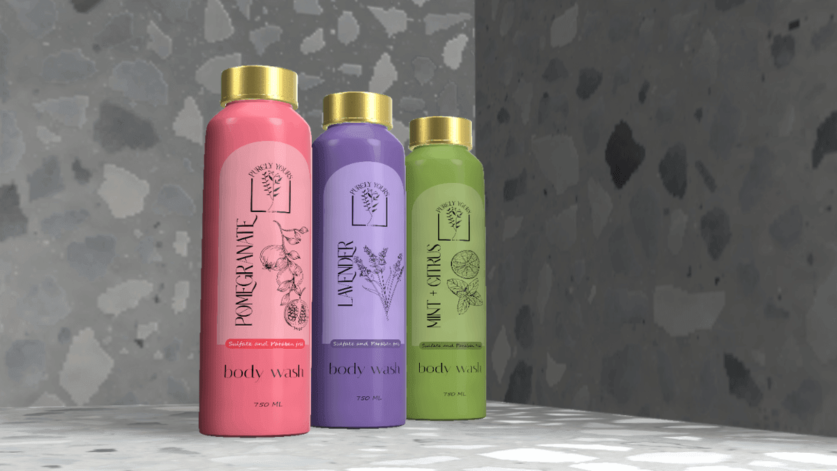 The full Purely Yours collection — pomegranate, lavender and mint + citrus bottles, rendered together.
