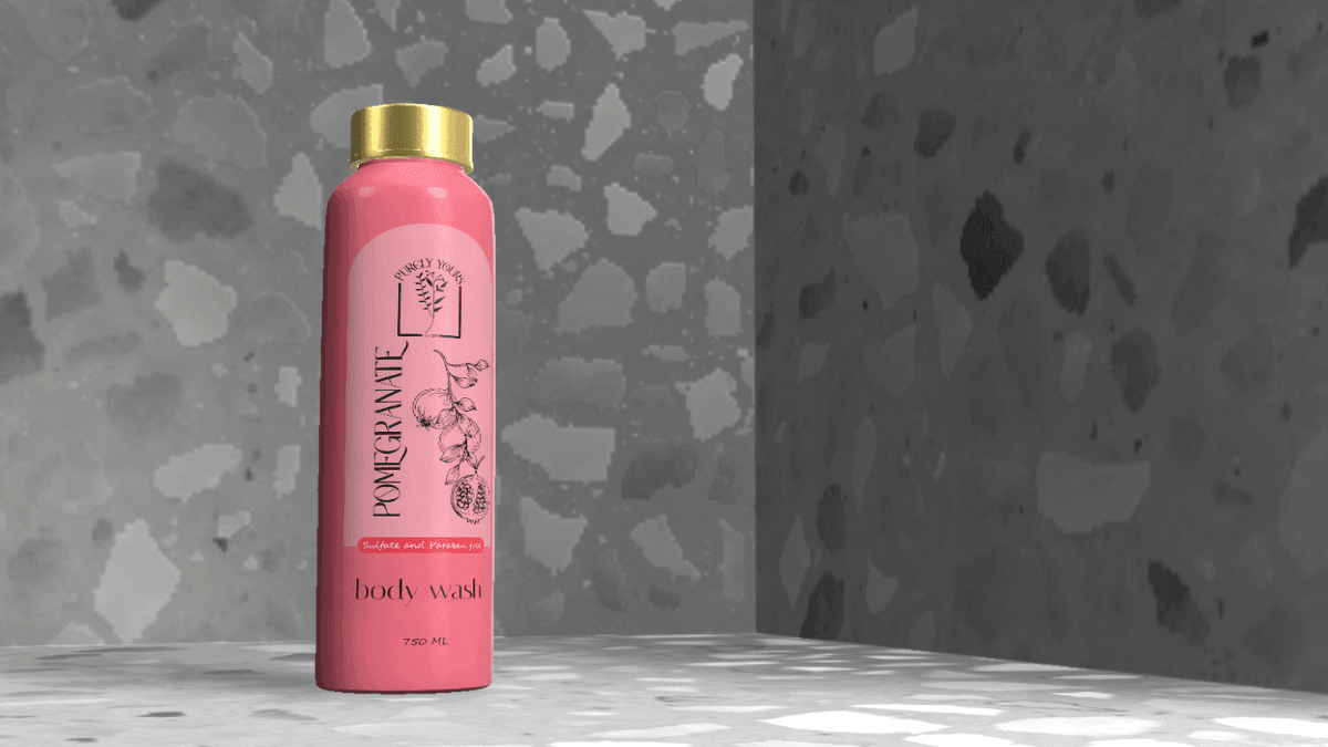 Purely Yours pomegranate body wash bottle, rendered on a terrazzo surface.