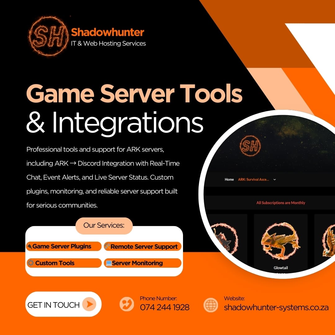 Shadowhunter Systems promotional card for ARK game server tools.