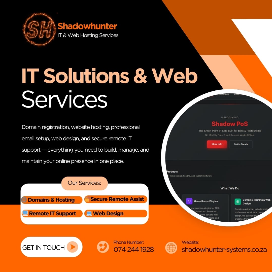 Shadowhunter Systems promotional card for IT and web hosting services.
