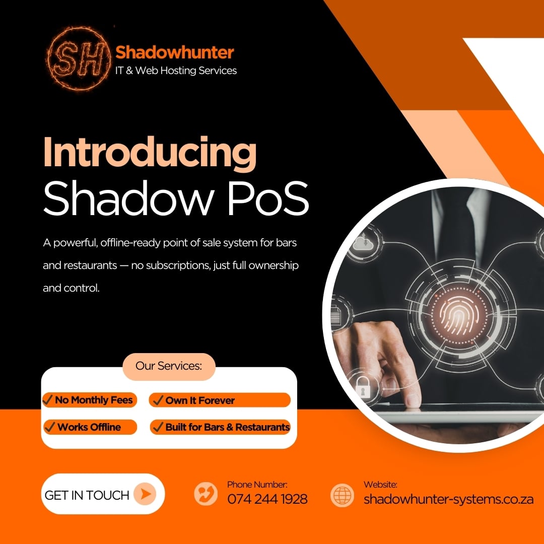 Shadowhunter Systems promotional card for the Shadow PoS product.