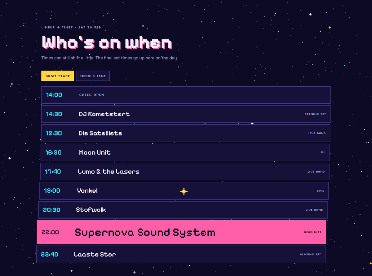 Sternag 2027 lineup section — stage tabs above a set-time list, headliner row highlighted in pink.