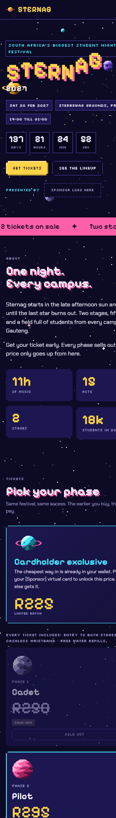 Sternag 2027 on mobile — hero, countdown and the start of the ticket phases, same system collapsed to one column.