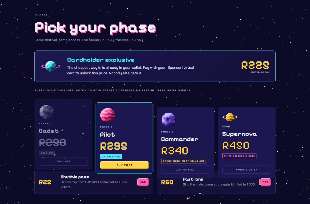 Sternag 2027 ticket section — four phases (Cadet, Pilot, Commander, Supernova) each with its own status pill, plus a cardholder-exclusive price banner.