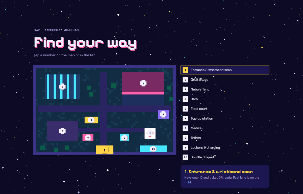 Sternag 2027 interactive venue map — numbered pixel-art map with a synced legend list and a detail panel for the selected spot.