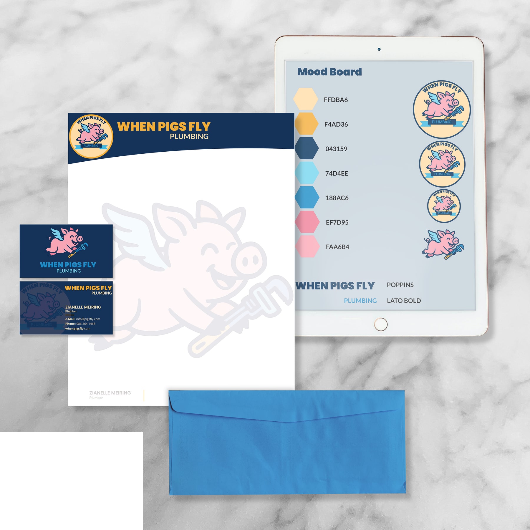 When Pigs Fly Plumbing brand application artboard.