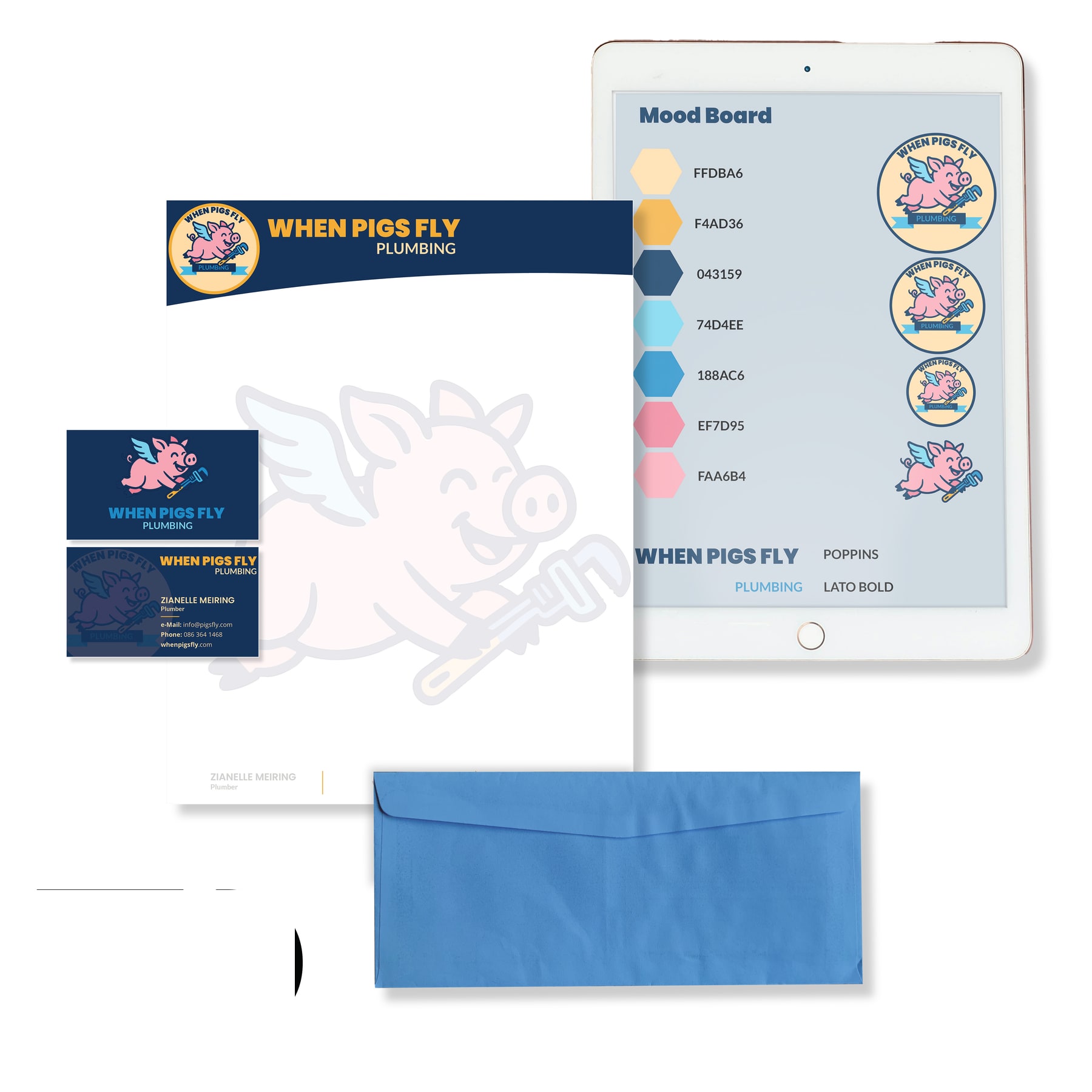 When Pigs Fly Plumbing brand application artboard.