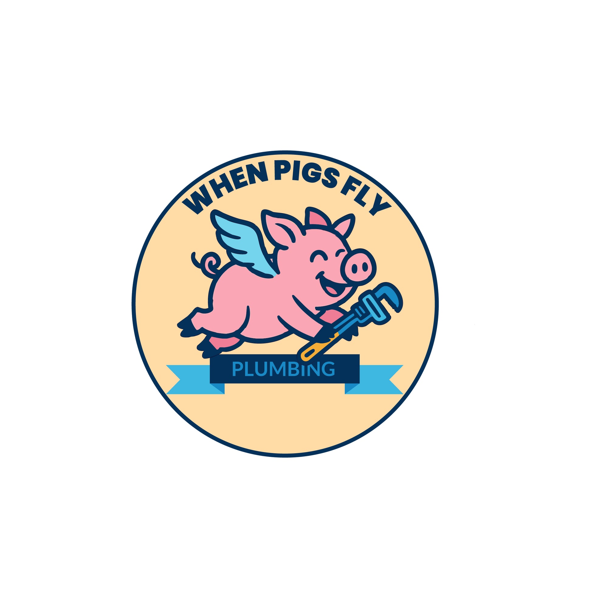 When Pigs Fly Plumbing flat logo lockup on navy.